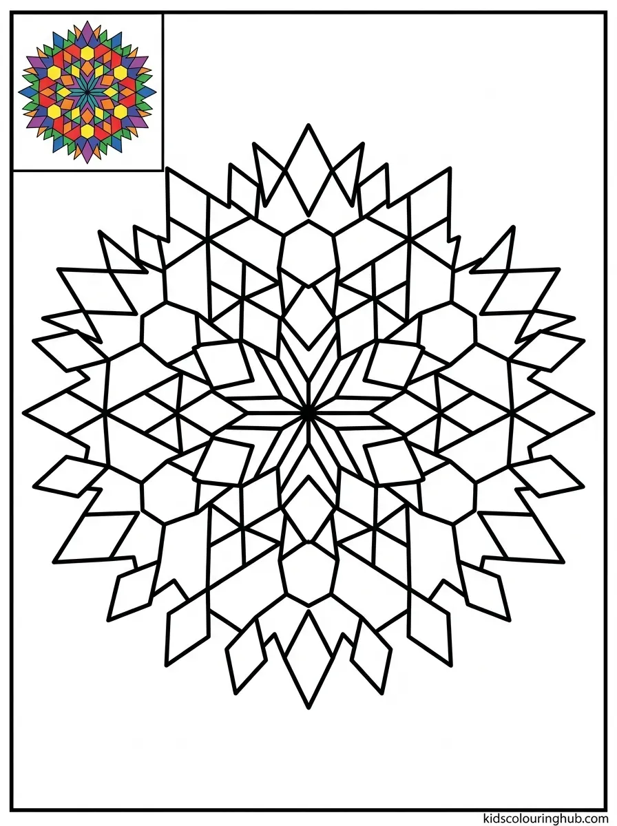 Abstract starburst mandala pattern blocks coloring page for kids