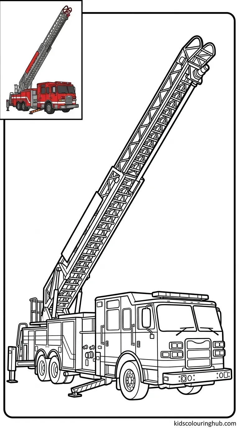 Black and white line art of a heavy aerial ladder truck with its ladder fully extended high into the air, featuring thick outlines and a small colored thumbnail.