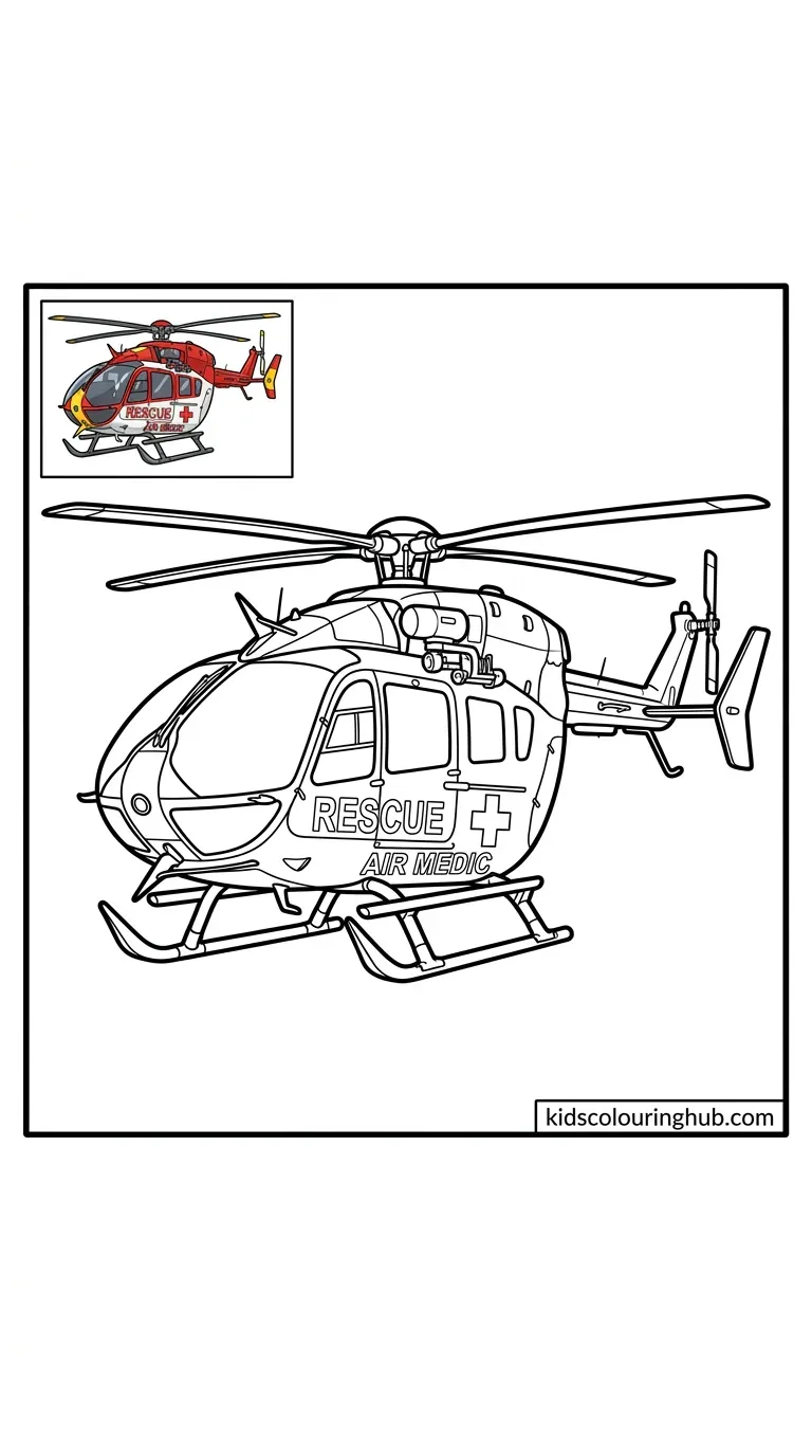 Black and white line art of an air rescue helicopter with thick outlines and a small colored thumbnail.