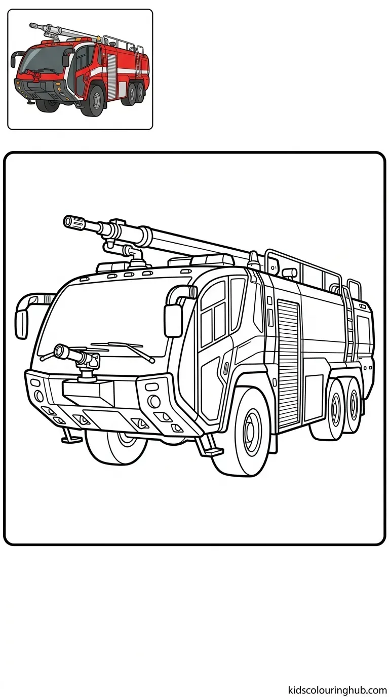 Black and white line art of a large airport crash tender pumper vehicle with thick outlines and a small colored thumbnail.