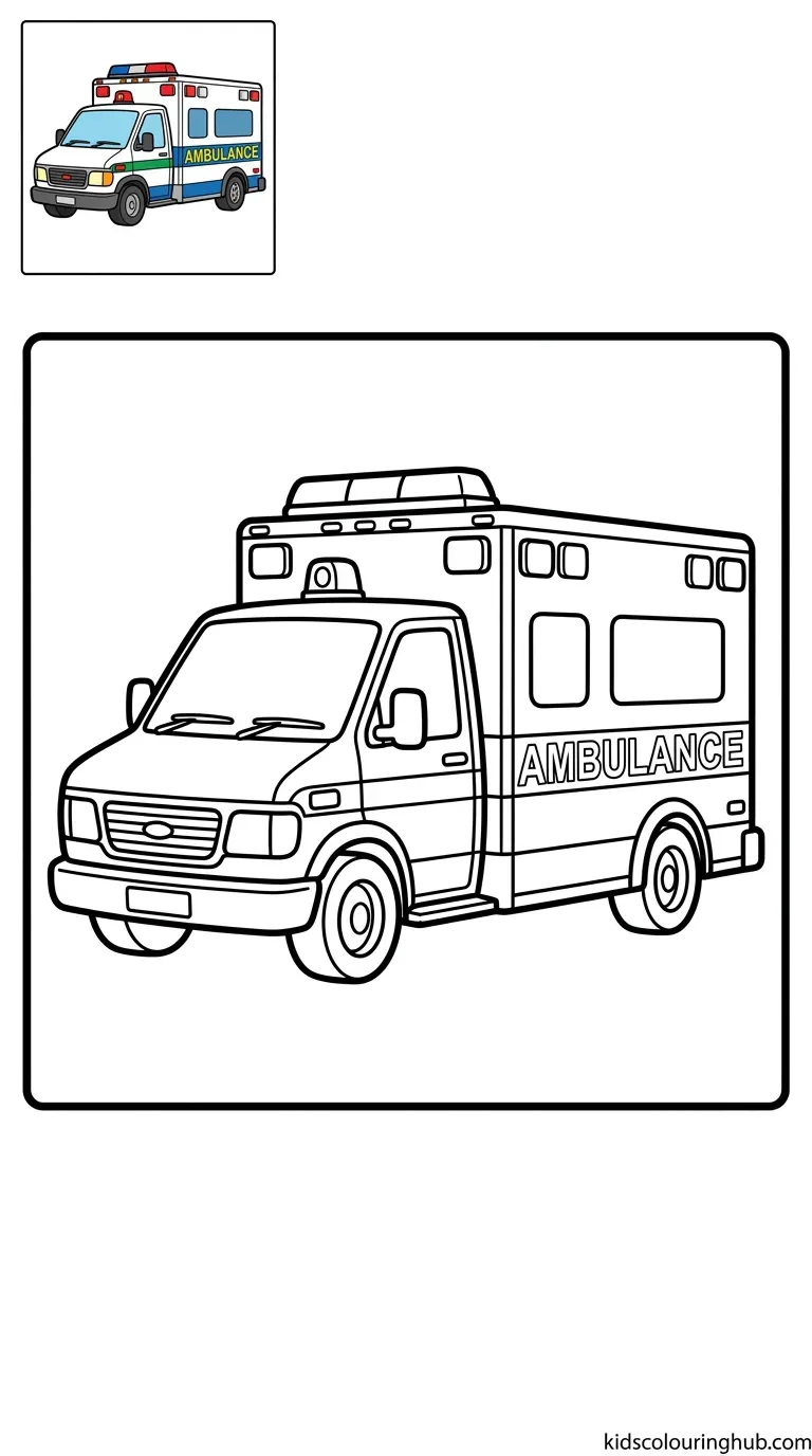 Black and white line art of an emergency ambulance vehicle with thick outlines and a colored thumbnail