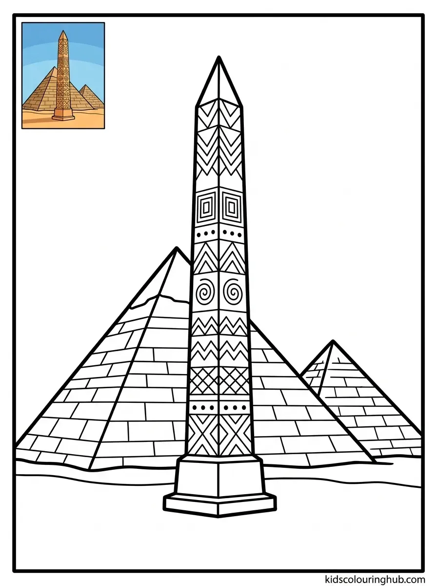 Black and white line art of an Egyptian obelisk with a pyramid backdrop