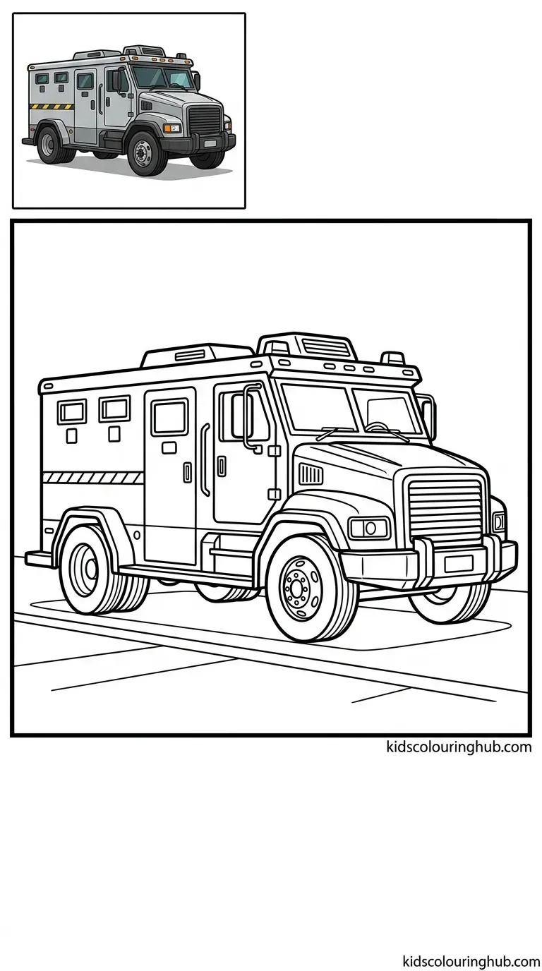 Black and white line art of an armored cash truck with thick outlines and a colored thumbnail