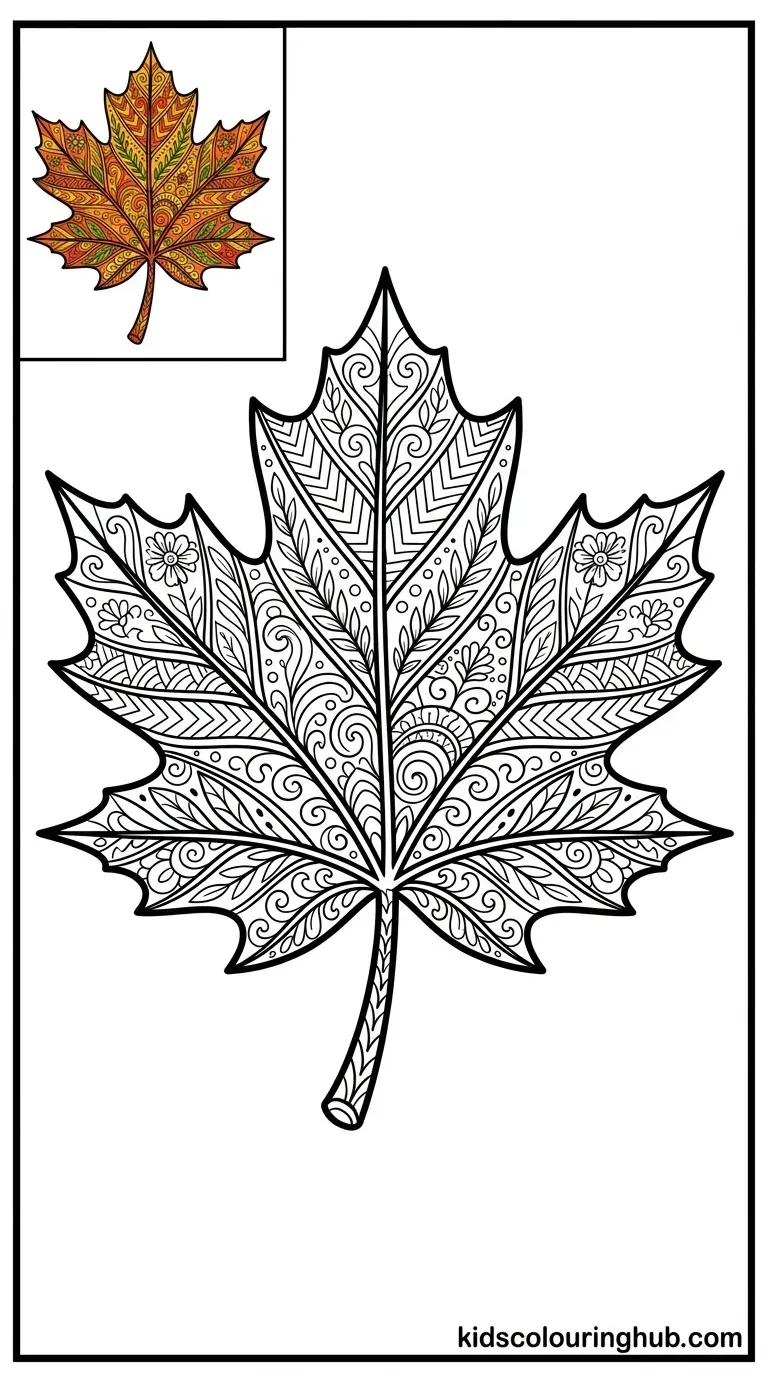 A stylized line art of an autumn leaf with patterns