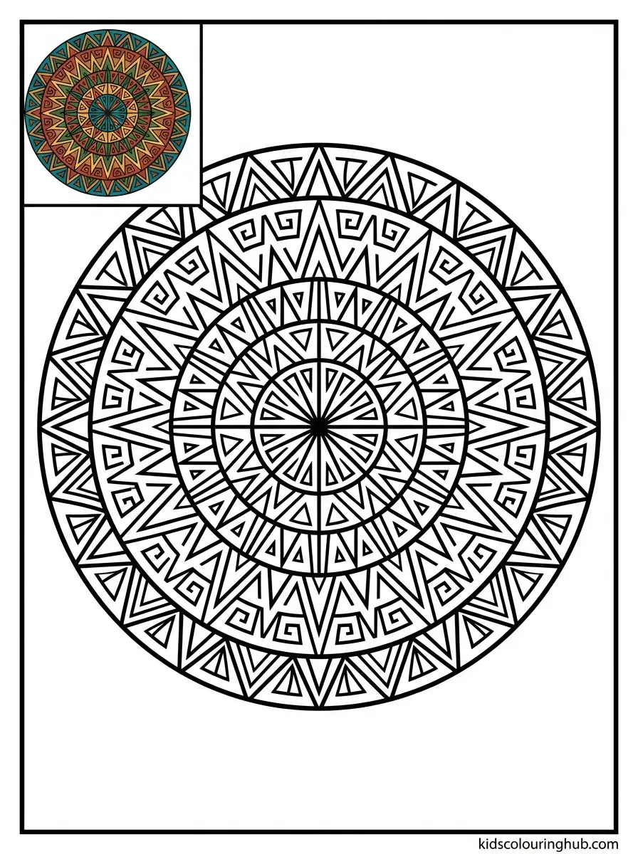 Line art of an Aztec sun ray geometric mandala