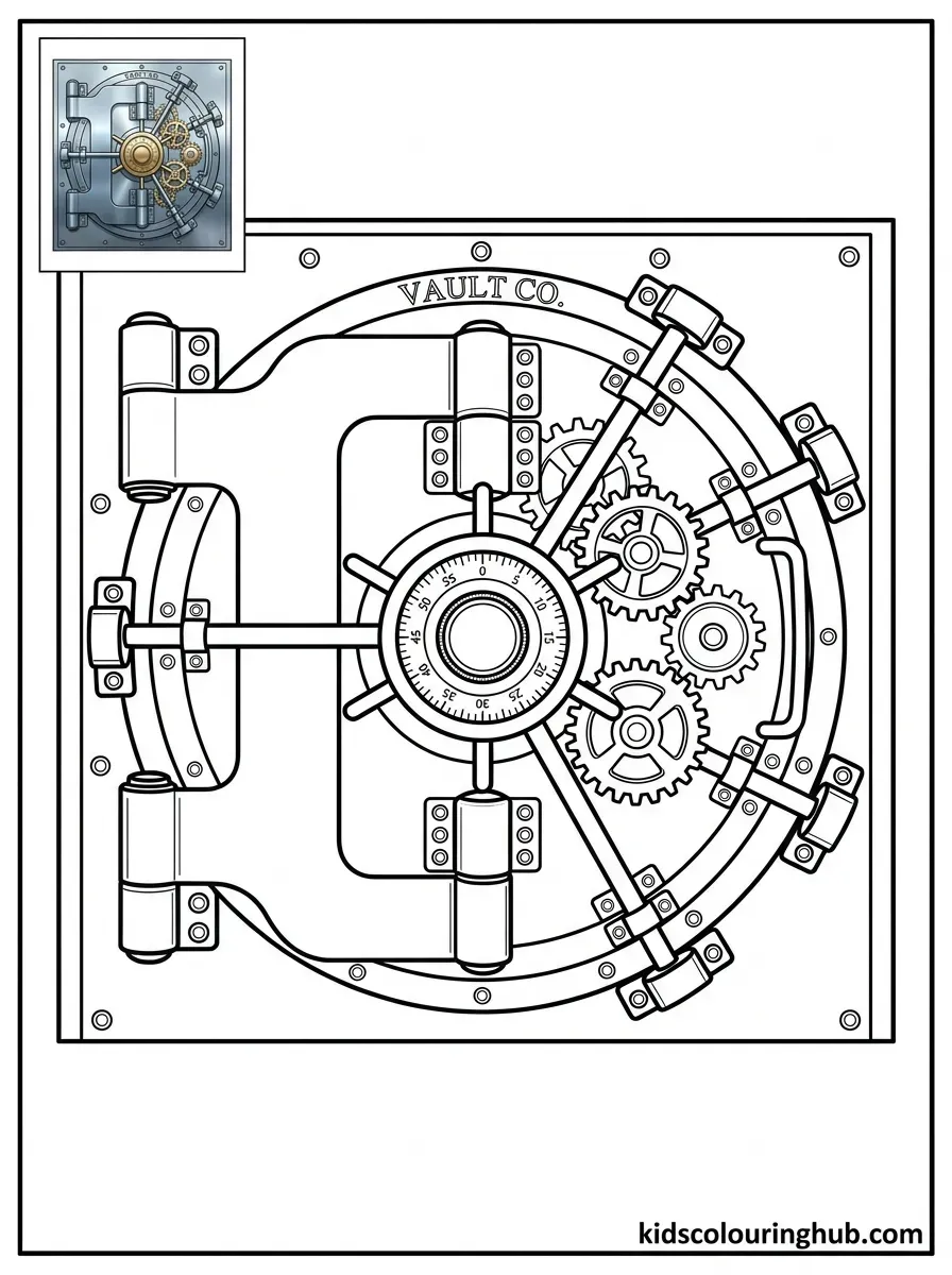 Bank vault combination door coloring page for kids
