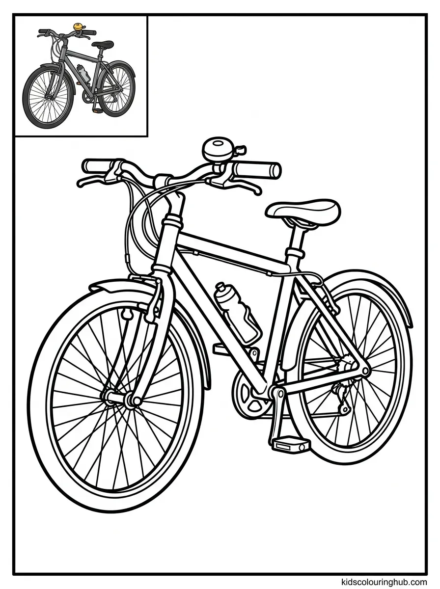 Line art of a bicycle with a bell and water bottle