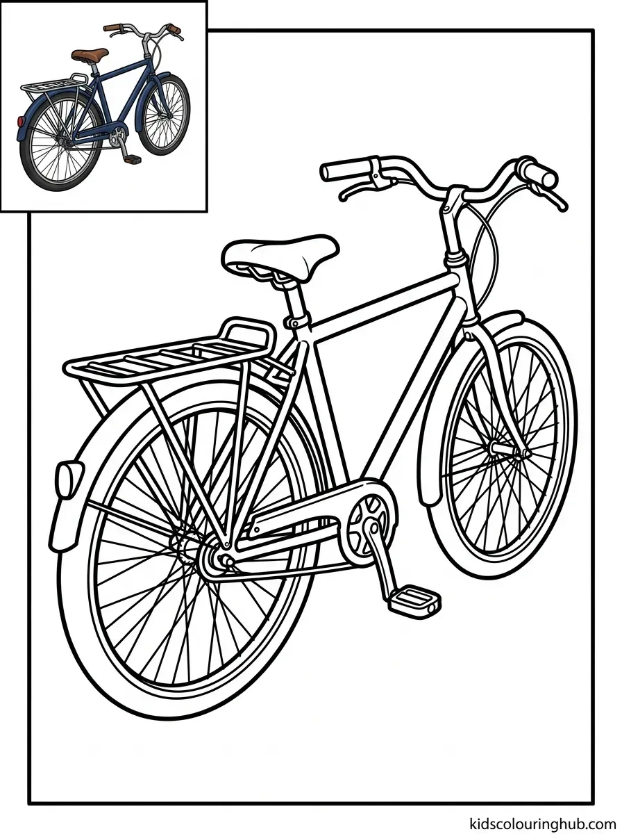 Line art of a bicycle with a rear metal cargo rack