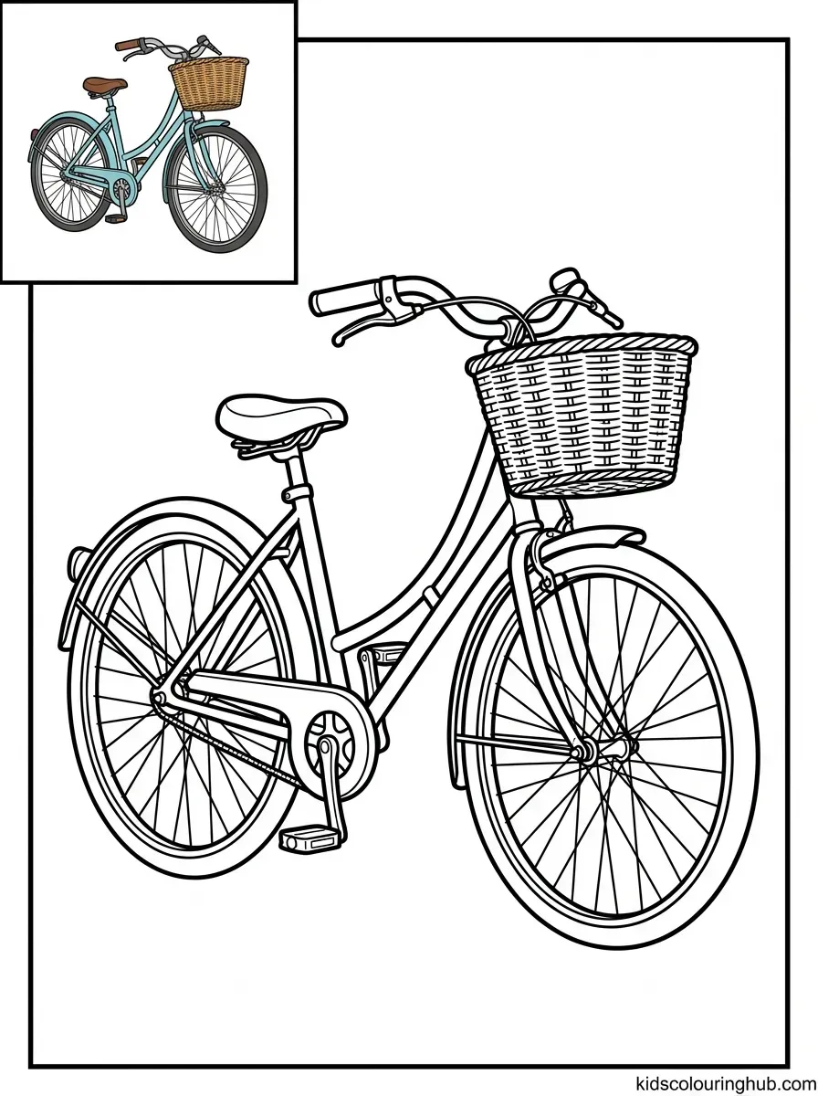Line art of a bicycle with a front wicker basket