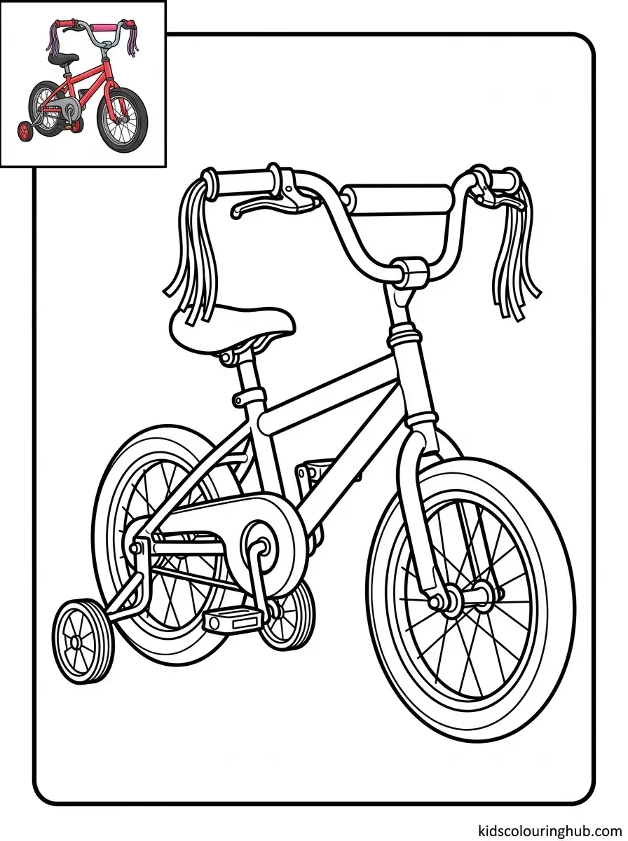 Line art of a children's bicycle with training wheels