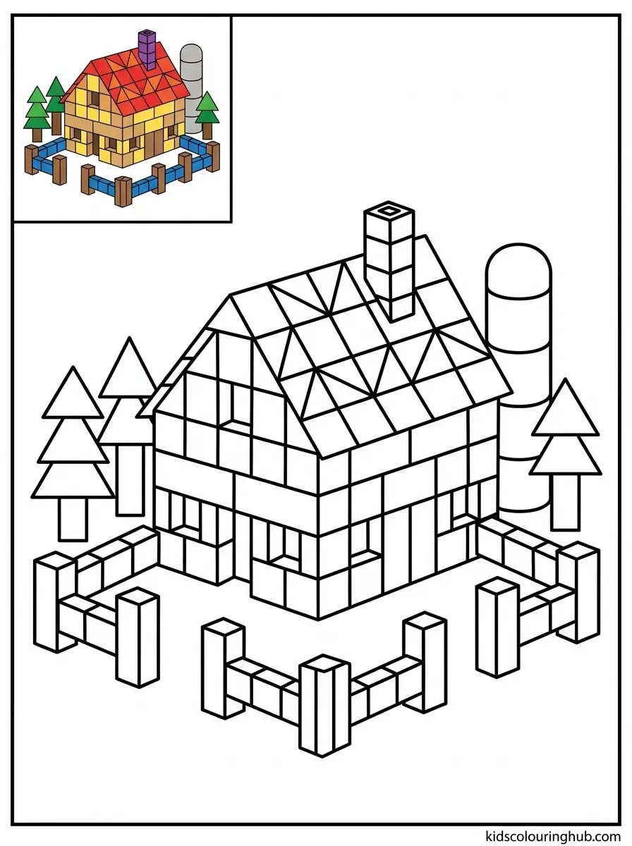 Blocky farmhouse pattern blocks coloring page for kids