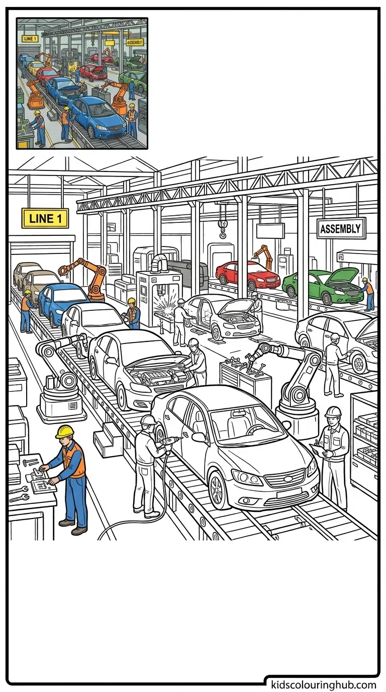 A car manufacturing plant assembly line with new cars