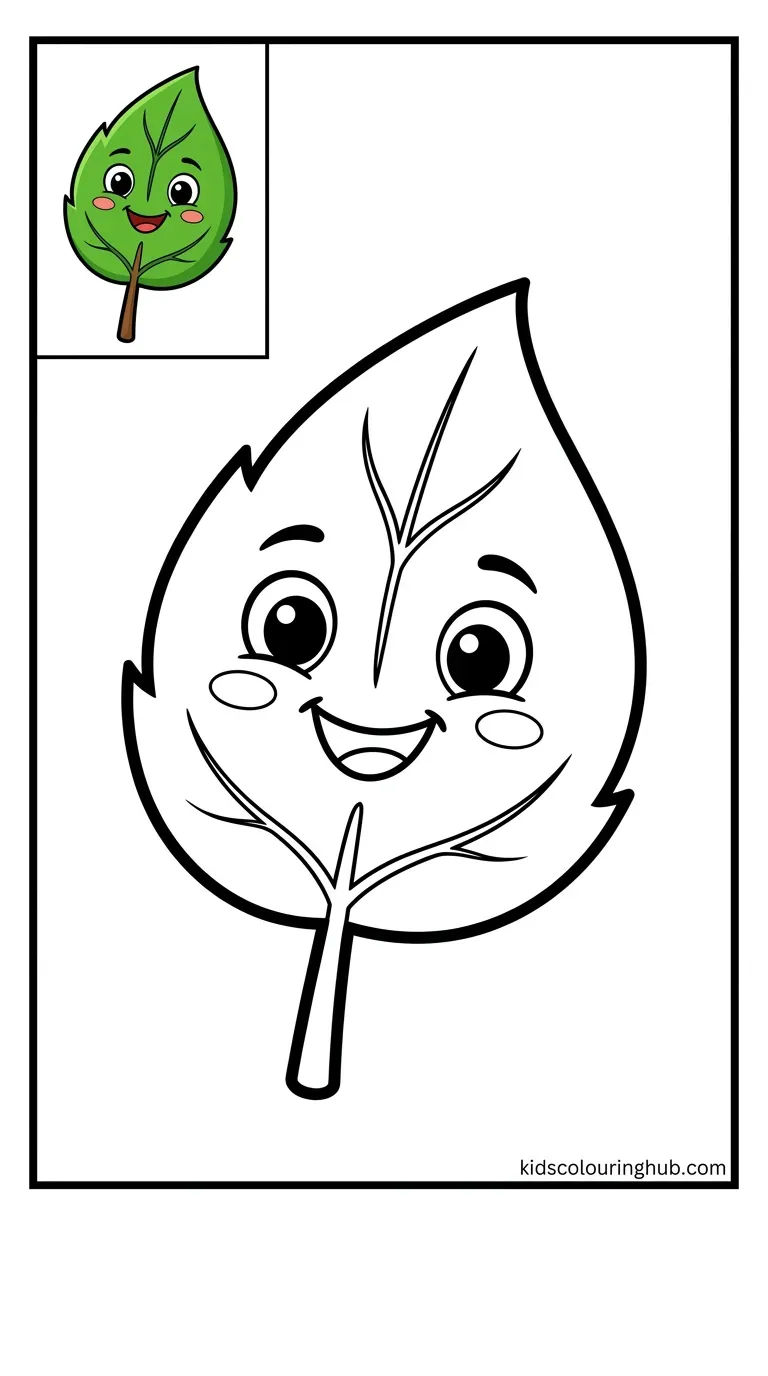 A cheerful cartoon leaf outline with a smiling face