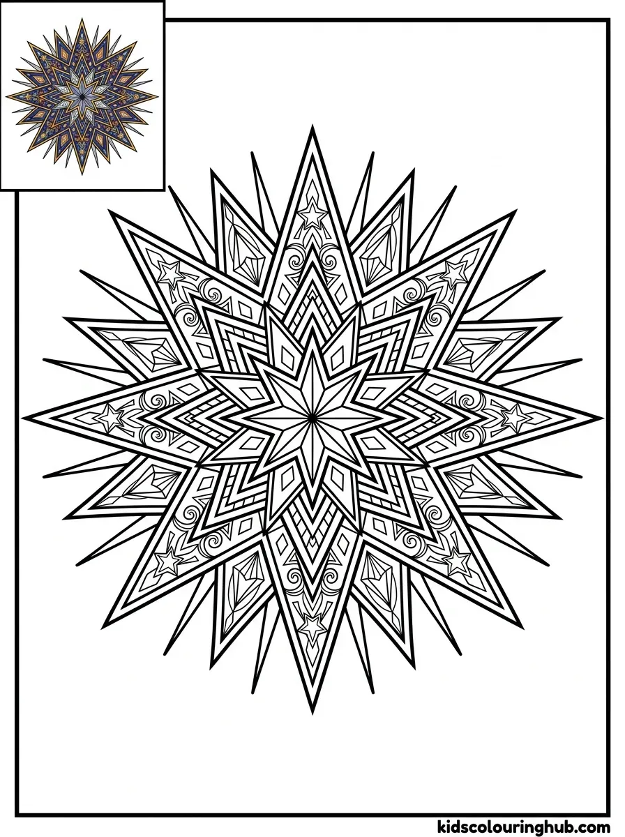 Celestial 8-point starburst mandala coloring page