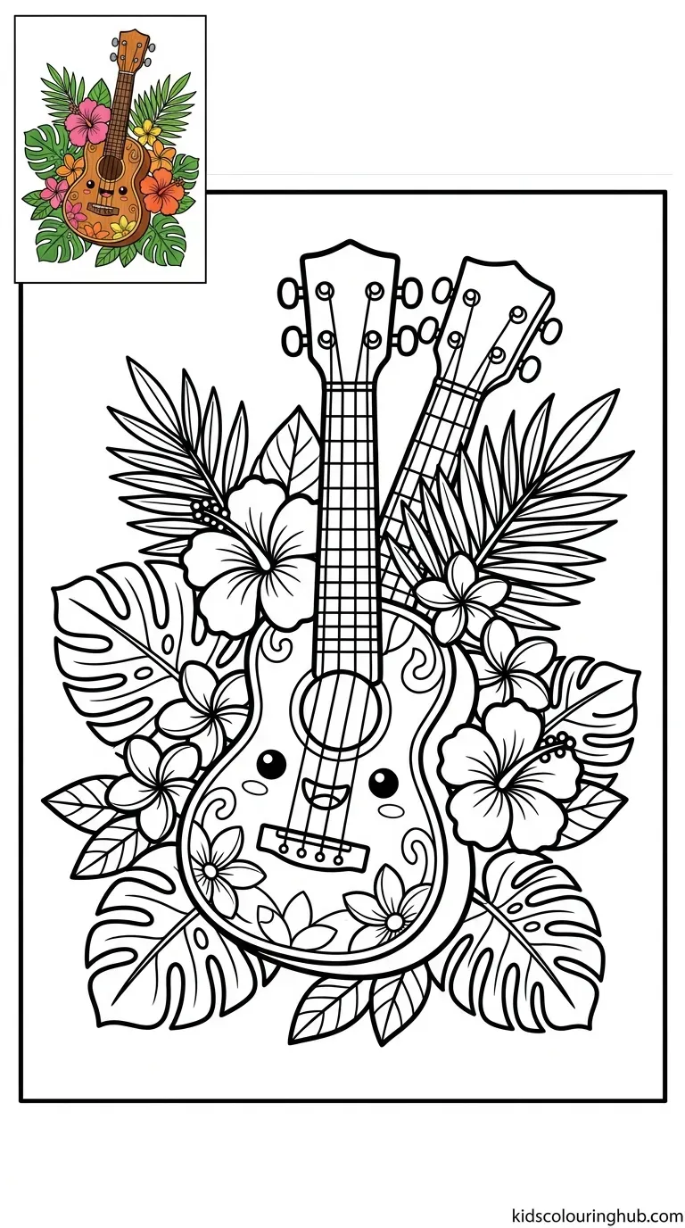 A small ukulele surrounded by flowers and tropical leaves