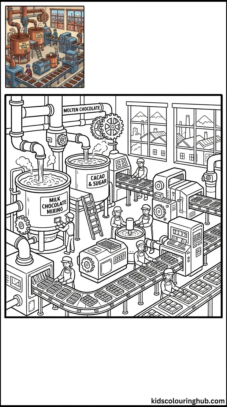 A chocolate factory with large mixing vats and chocolate bars on a belt