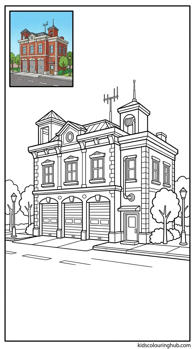 Black and white line art of a multi-bay city fire station building with thick outlines and a small colored thumbnail.