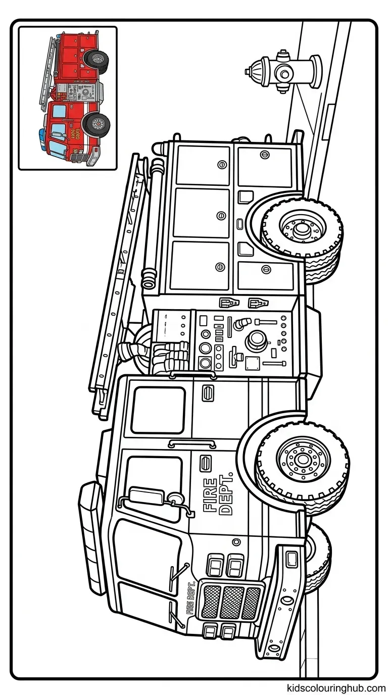 Black and white line art of a city fire truck with thick outlines and a colored thumbnail