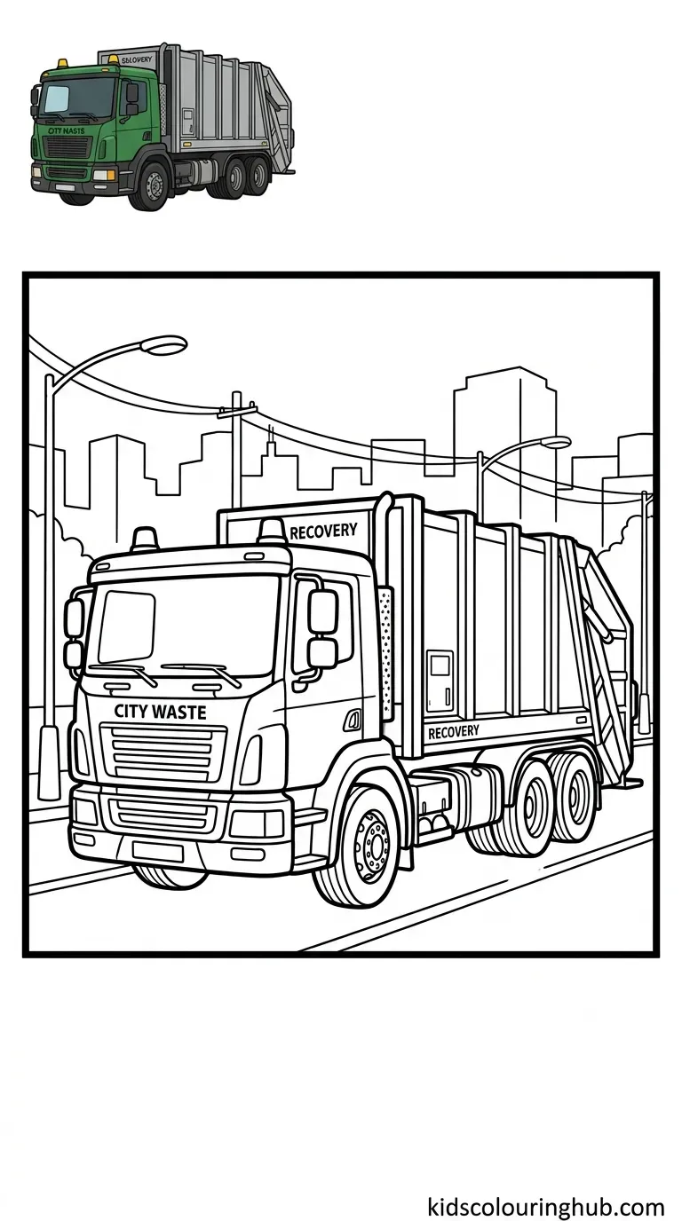 Black and white line art of a city garbage collection truck with thick outlines and a colored thumbnail