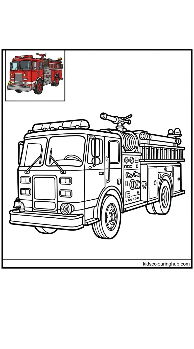 Black and white line art of a classic city pumper fire truck with thick outlines and a small colored thumbnail.