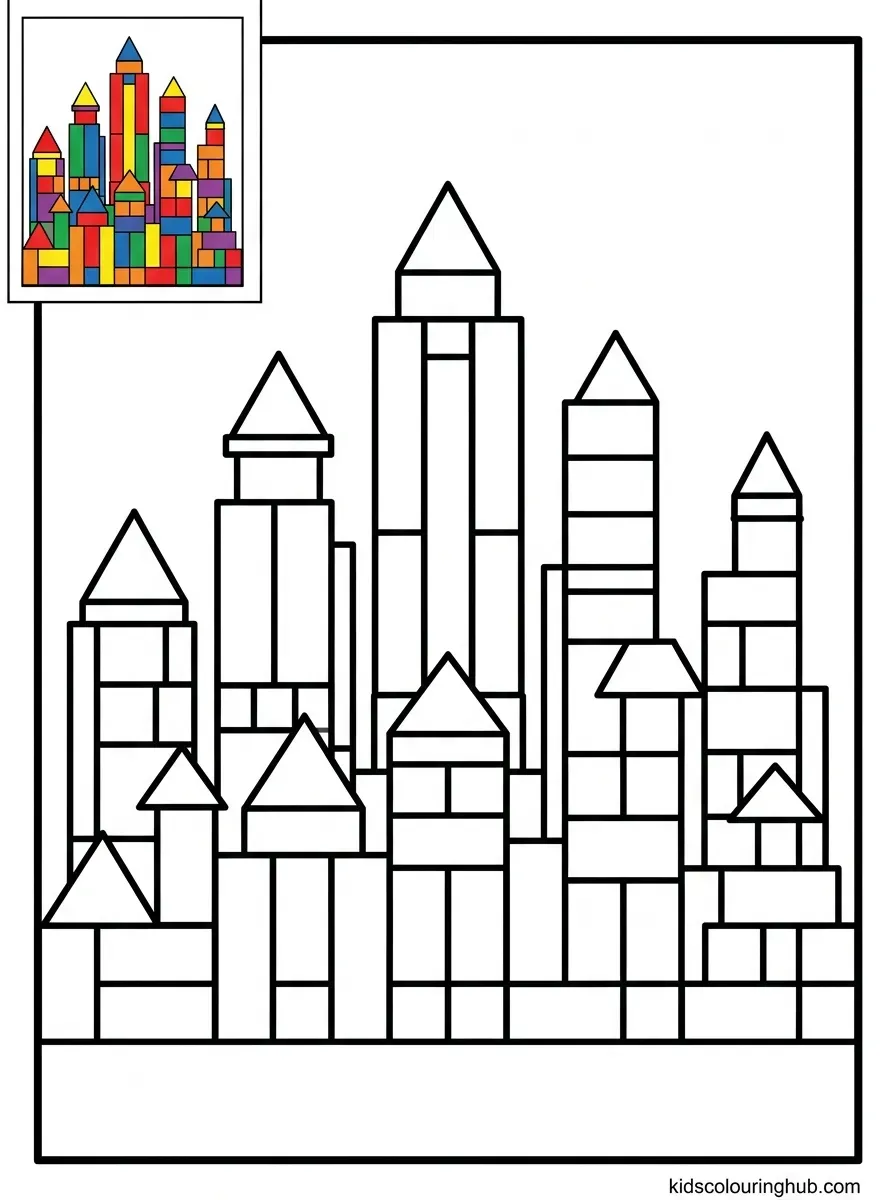 City skyline pattern blocks coloring page for kids
