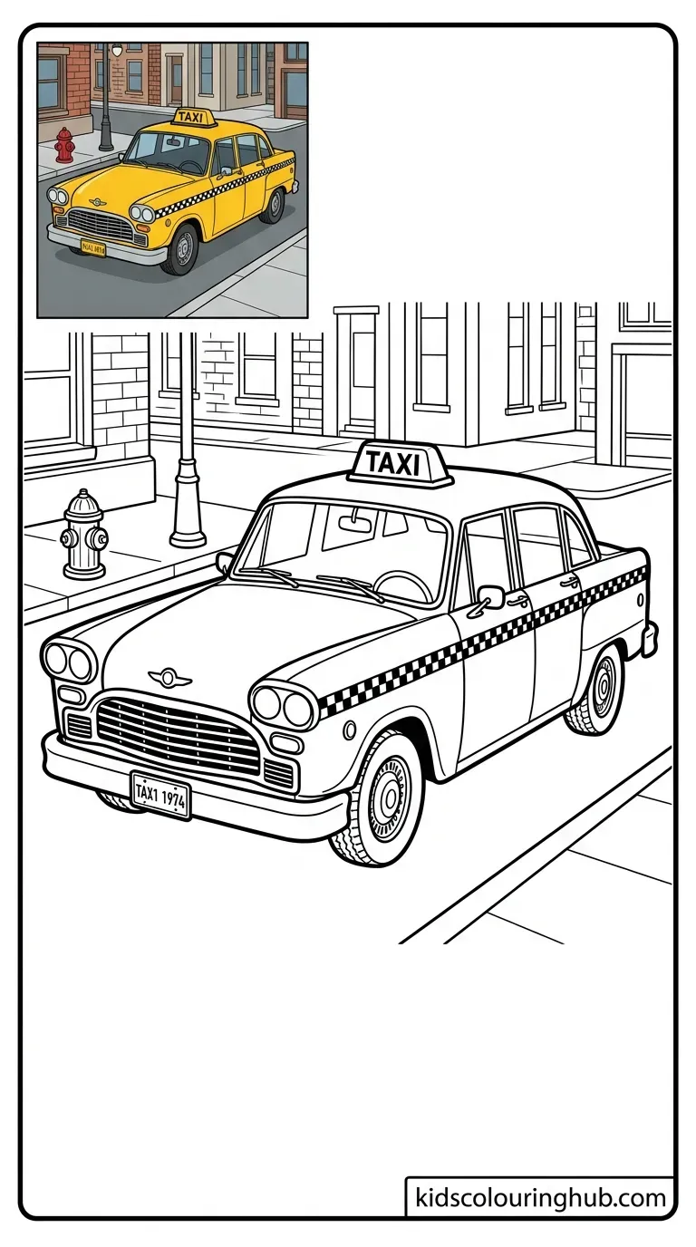 Black and white line art of a classic yellow taxi cab with thick outlines and a colored thumbnail