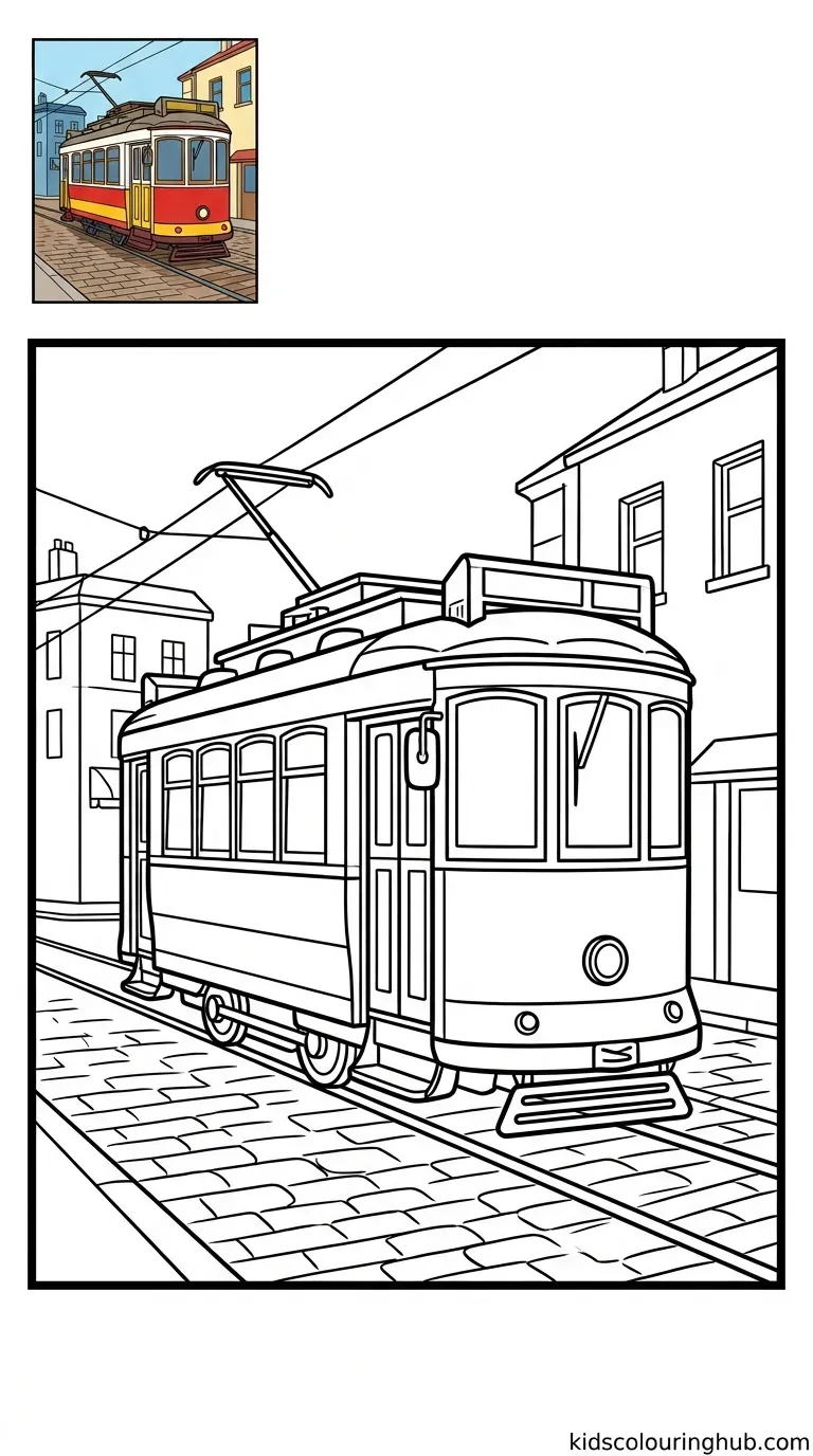 Black and white line art of a city tram or cable car with thick outlines and a colored thumbnail