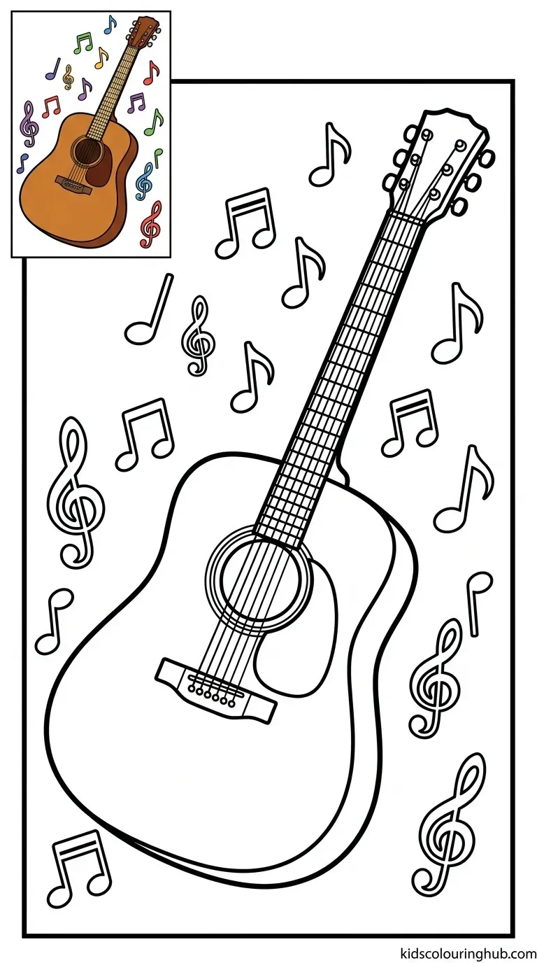 A classic acoustic guitar with floating musical notes around it