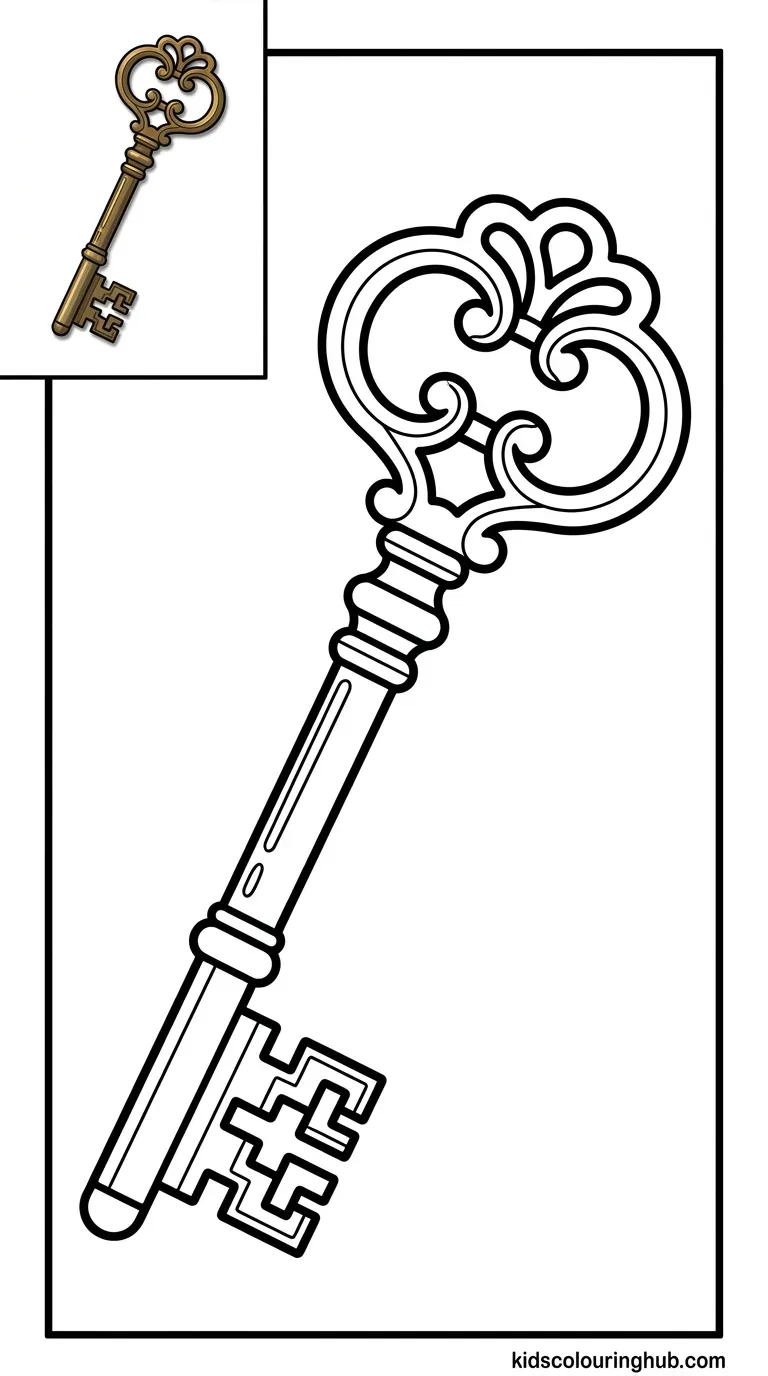 An antique skeleton key with a rounded bow and traditional cutouts