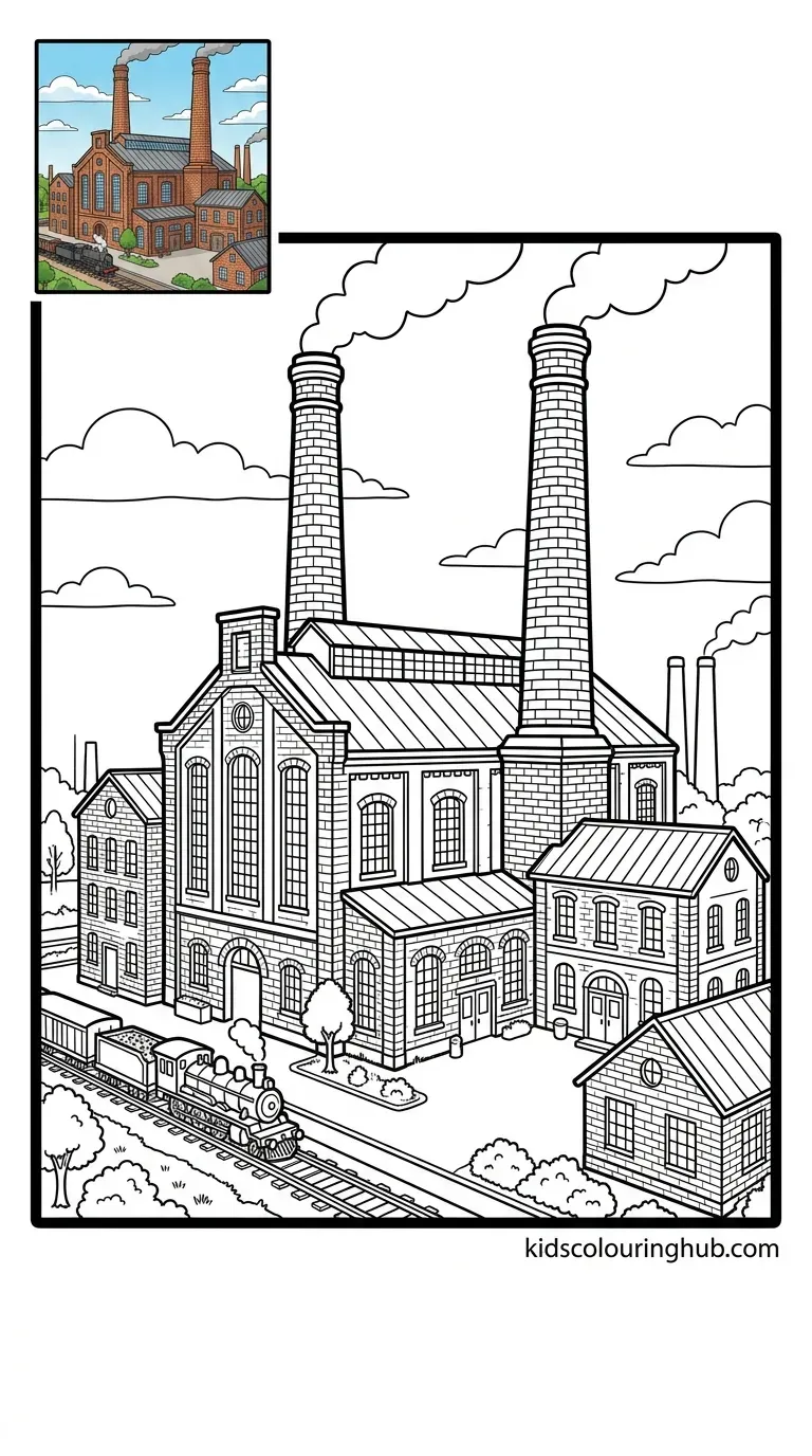 A classic brick factory building with tall smokestacks