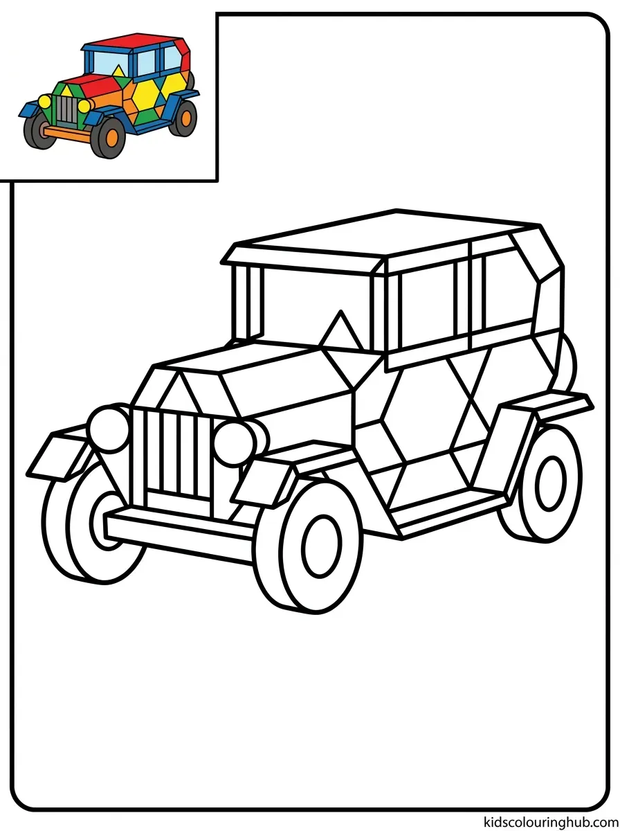 Classic geometric car pattern blocks coloring page for kids