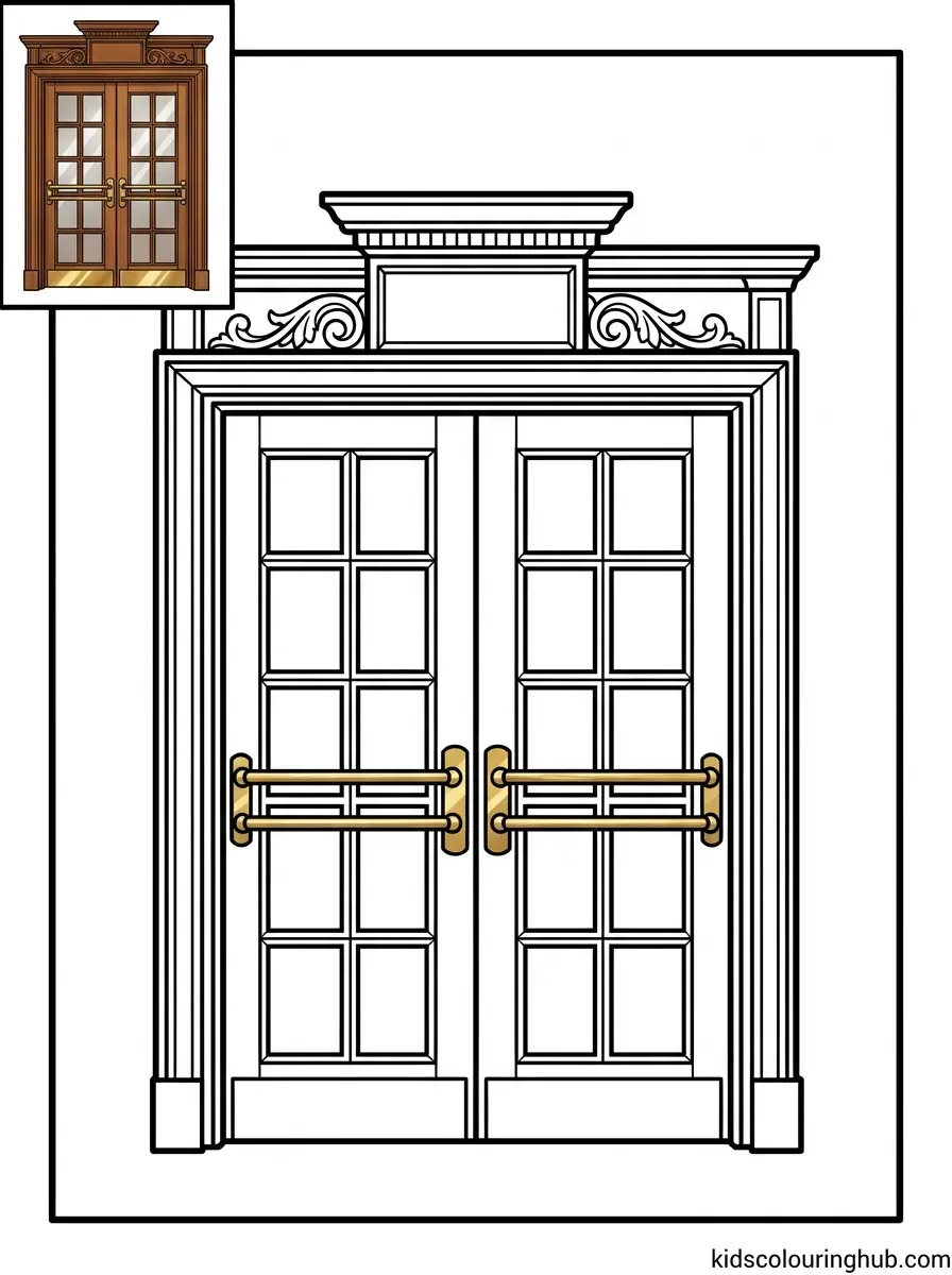 Classic library glass double doors coloring page for kids