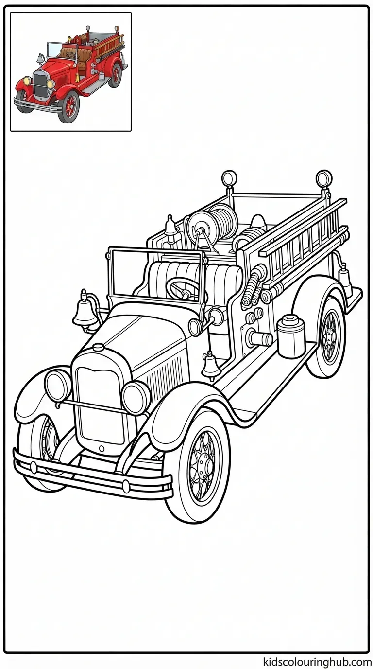 Black and white line art of a vintage open-cab fire truck with thick outlines and a small colored thumbnail.