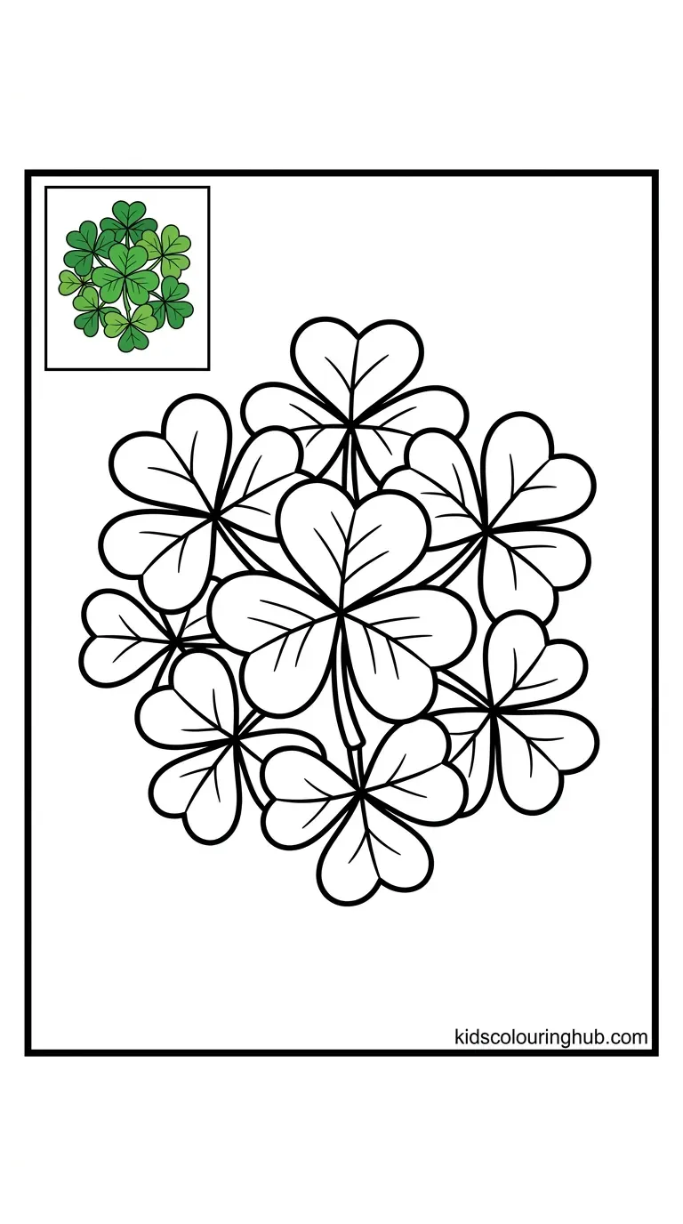 A line art drawing of a cluster of clover leaves
