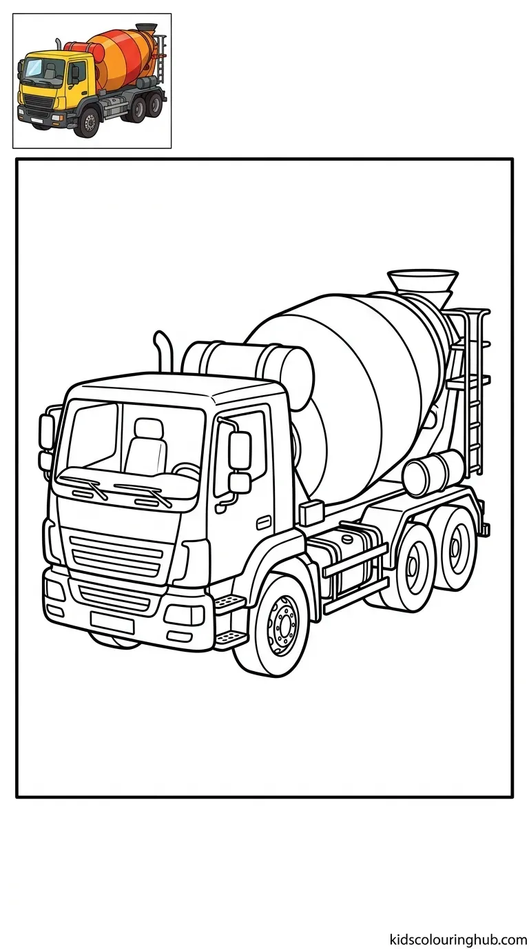 Black and white line art of a concrete mixer truck with thick outlines and a colored thumbnail