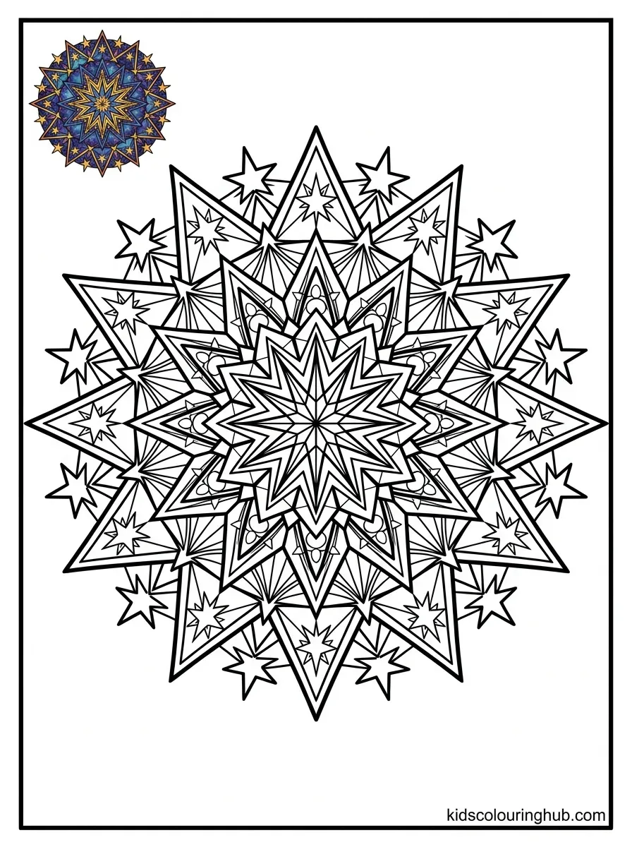 Cosmic 12-point star wheel coloring page