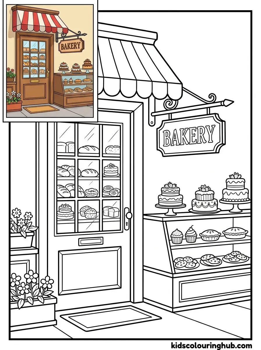 Cozy bakery shop door coloring page for kids