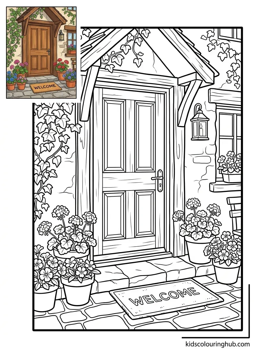 Cozy cottage front door coloring page for kids