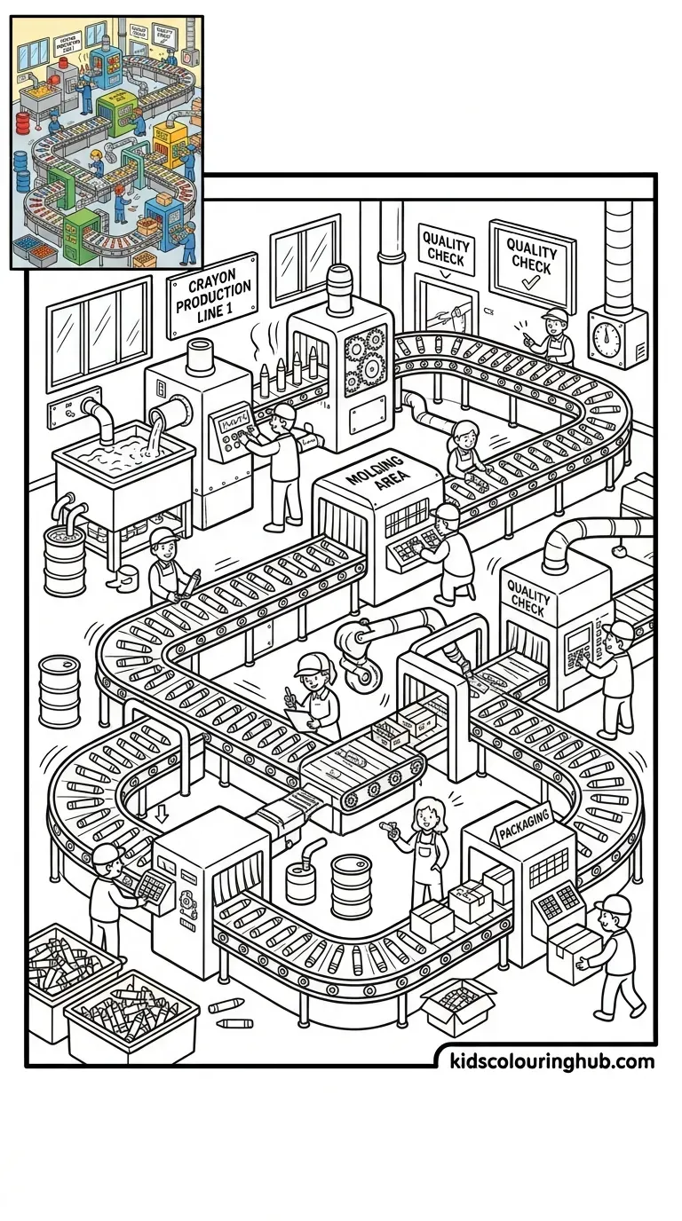 A crayon manufacturing factory with crayons moving along conveyor belts
