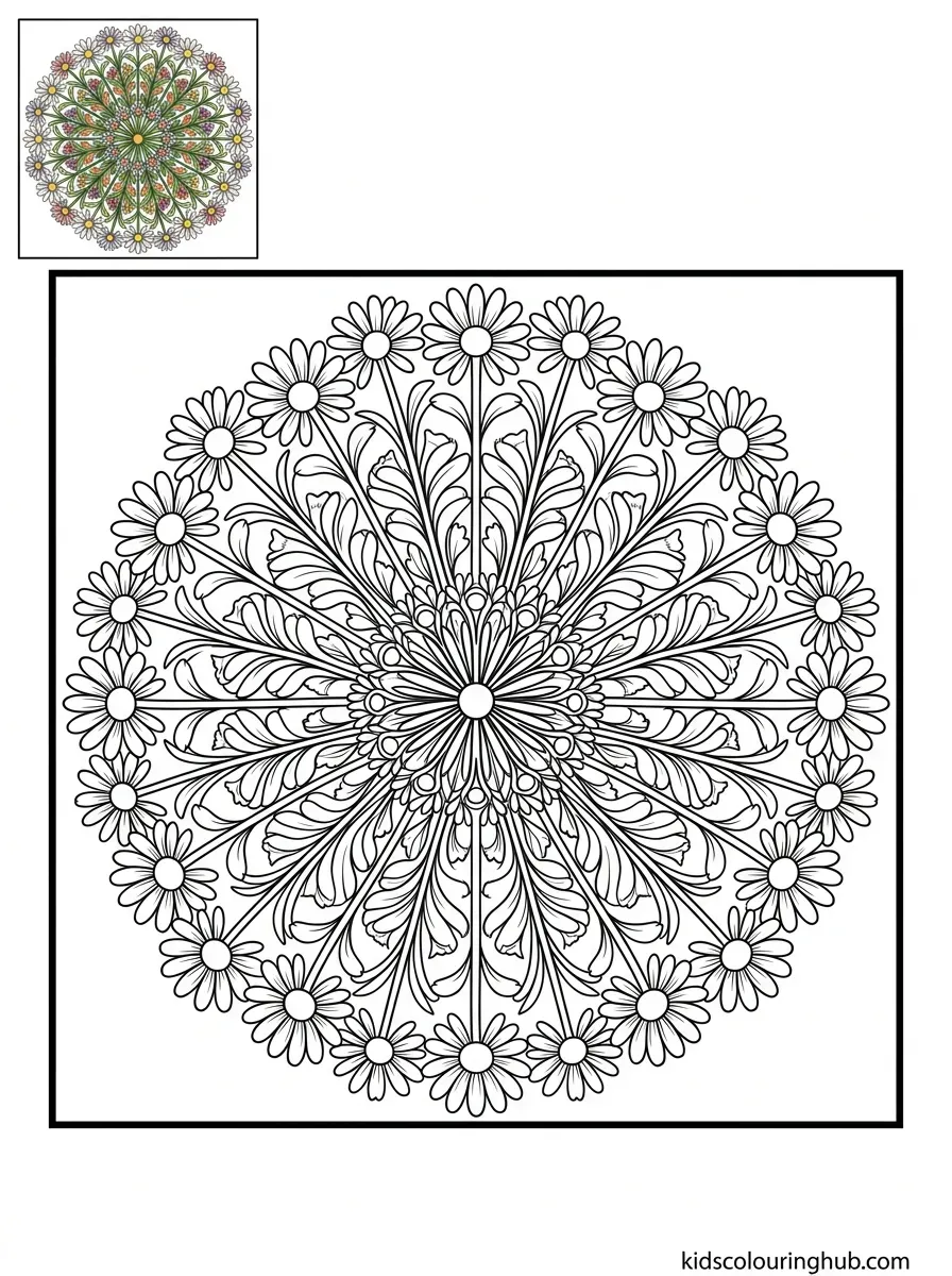 Line art of a daisy wheel mandala