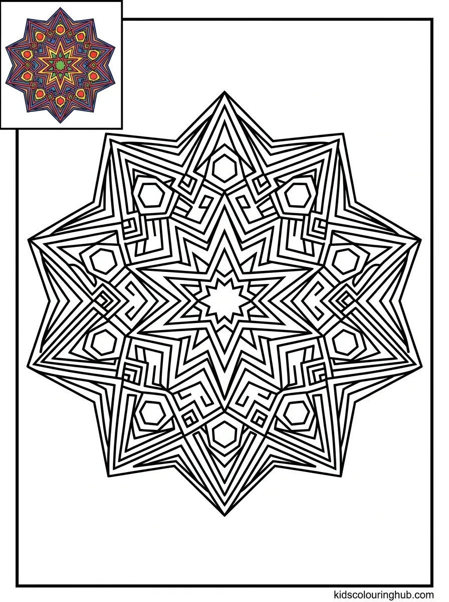 Decagram 10-point star mandala coloring page