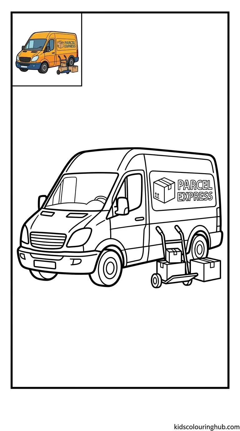 Black and white line art of a delivery service van with thick outlines and a colored thumbnail