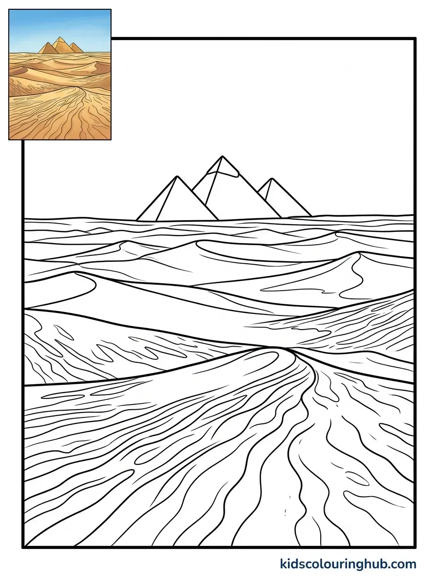 Black and white line art of a desert scene with distant Giza pyramids