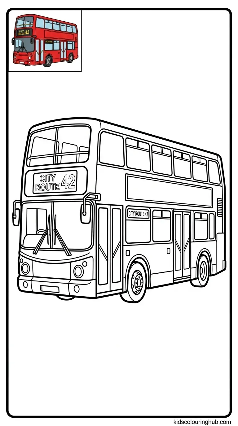 Black and white line art of a double decker city bus with thick outlines and a colored thumbnail