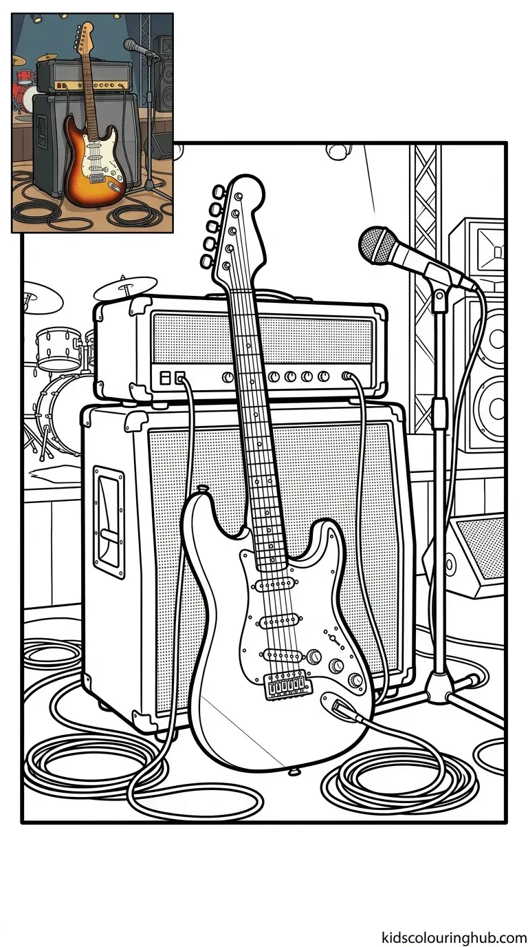 An epic double-neck electric guitar with music symbols
