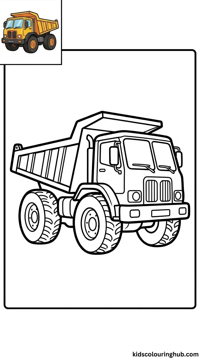 Black and white line art of a construction dump truck with thick outlines and a colored thumbnail