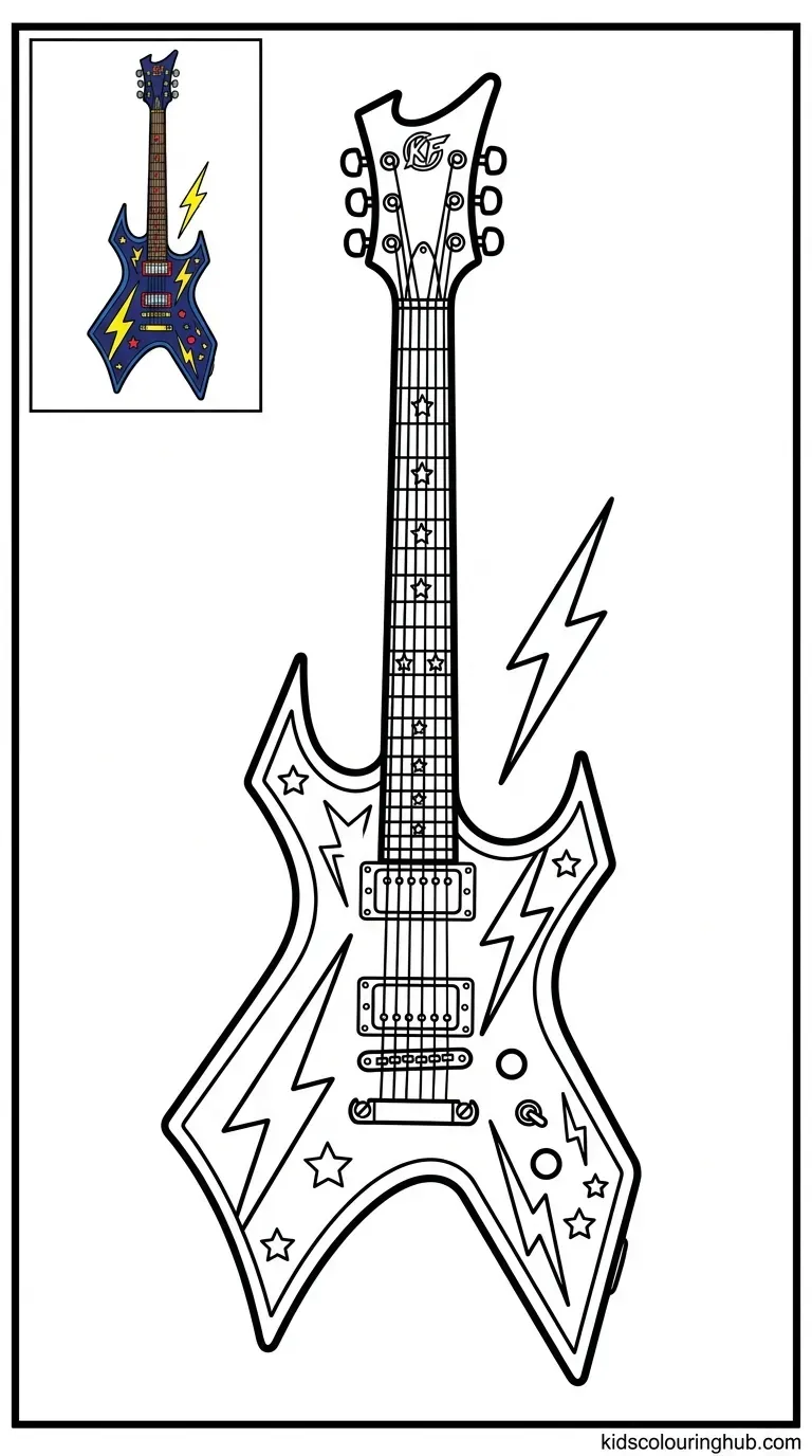 An electric rock guitar surrounded by lightning bolts and stars