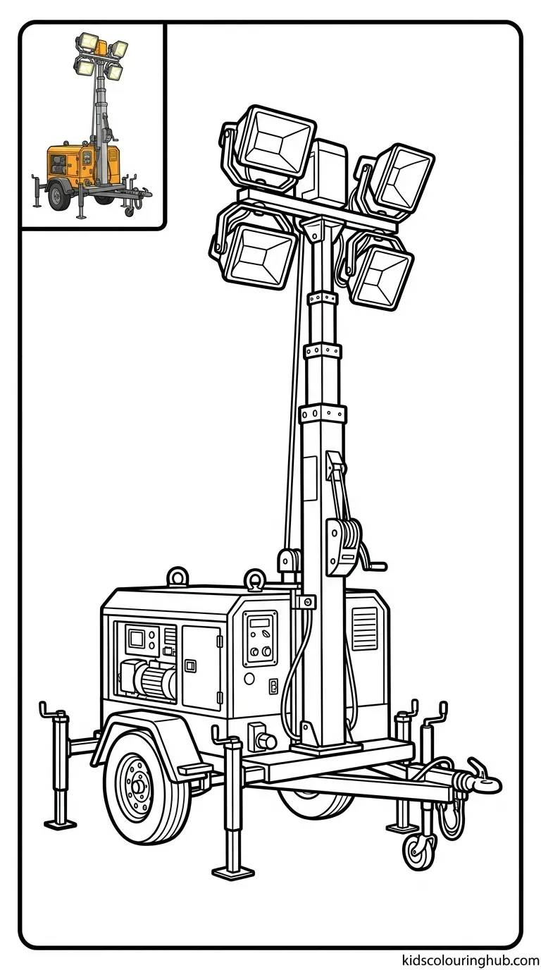 Black and white line art of an emergency lighting tower trailer with thick outlines and a small colored thumbnail.