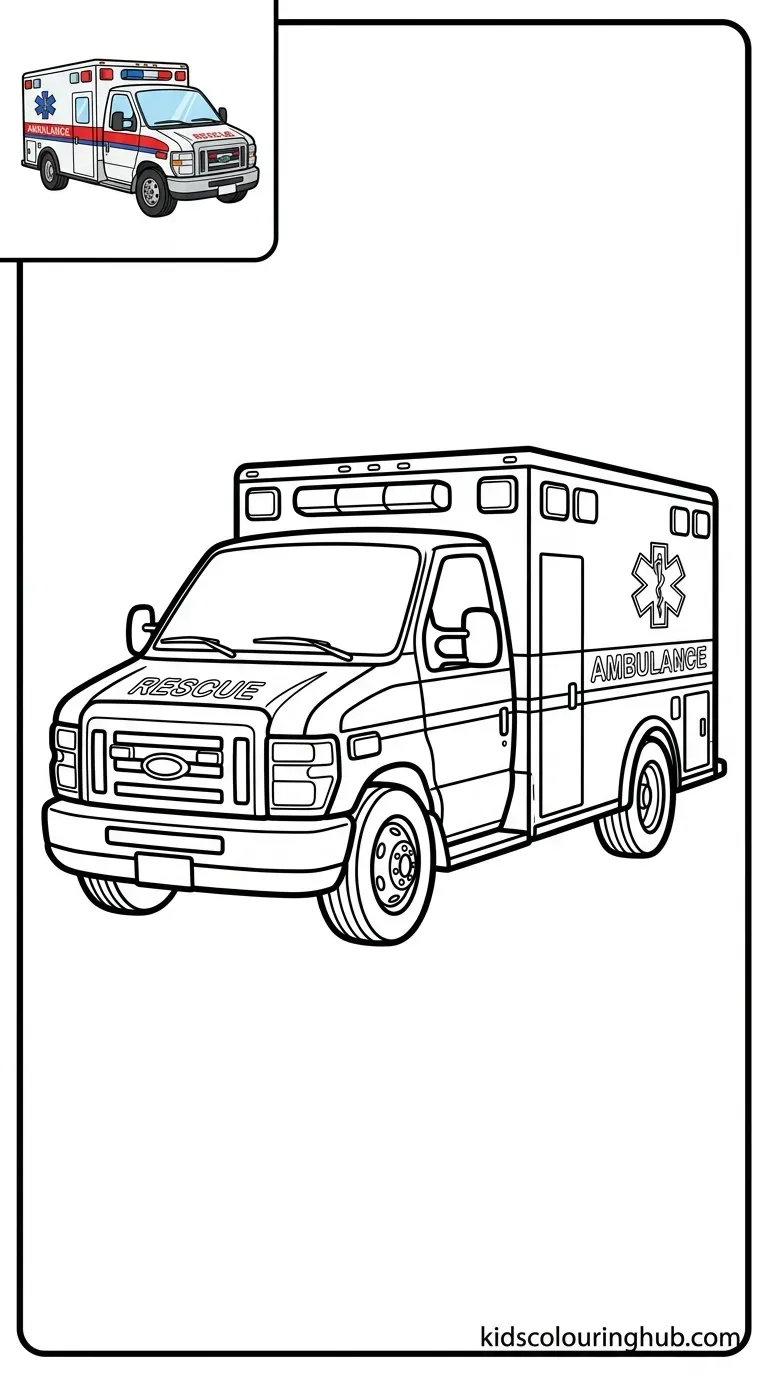 Black and white line art of an emergency rescue ambulance with thick outlines and a small colored thumbnail.