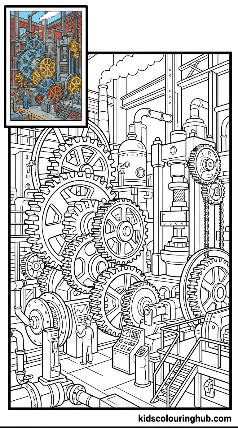 Large interlocking factory gears and mechanical pipes